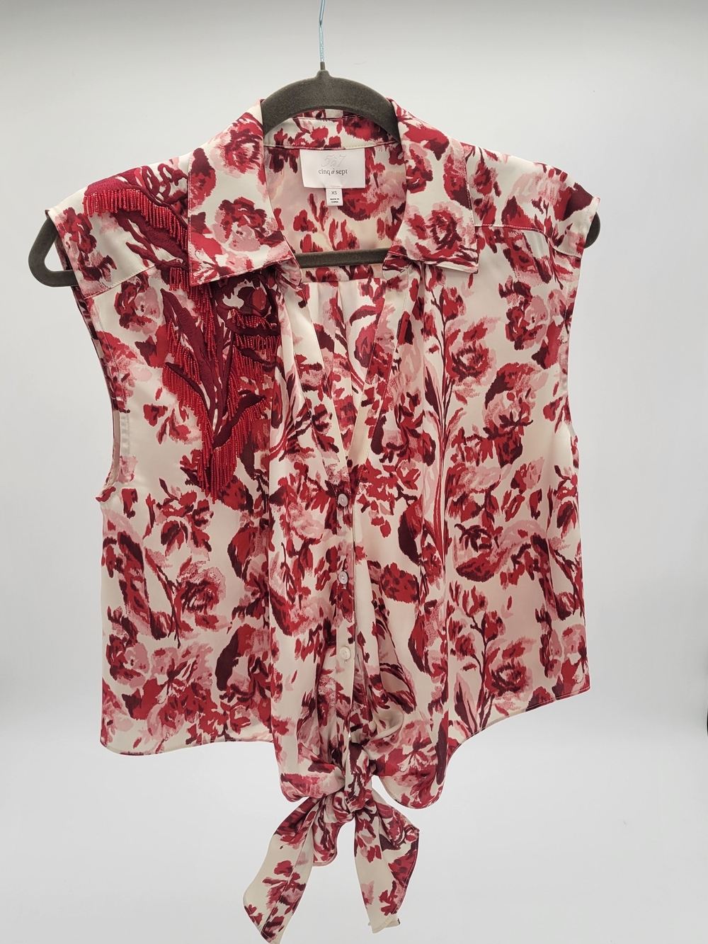 cinq a sept Red and White Floral Tie-Front Camisole